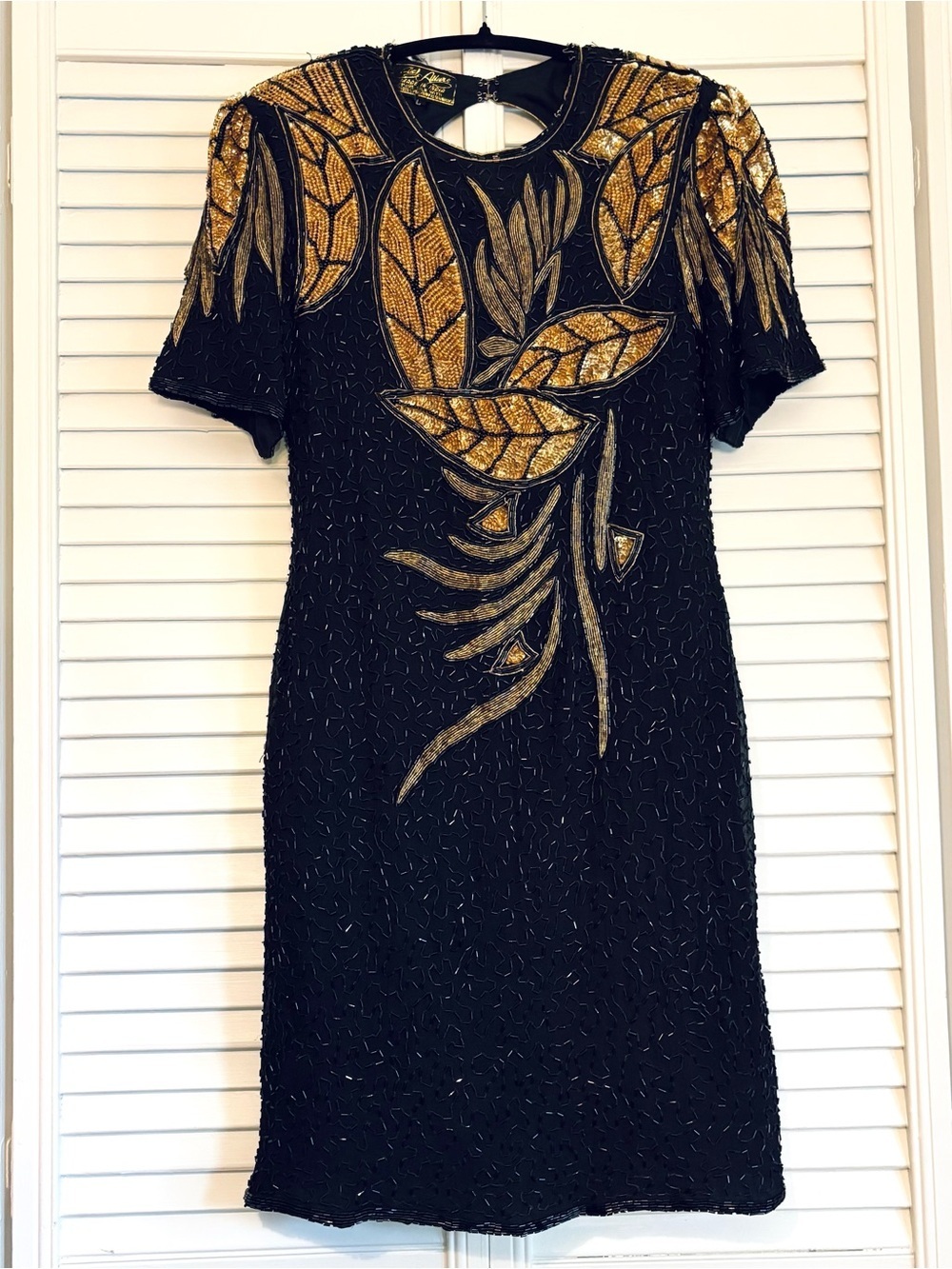 VTG Eve's Allure 100% Silk Beaded Sequin Dress Black Gold Leaf Art Deco 80s